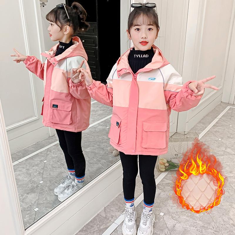 

Down Coat Autumn Winter Children Windbreaker For Girls Warm Polar Fleece Hooded Kids Clothes Waterproof Windproof Teen Jackets, Blue;gray