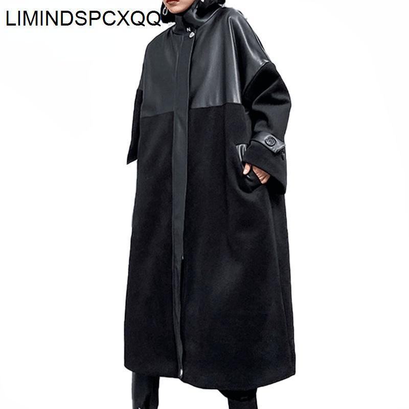 

Women's Trench Coats 2022 Winter Womens Punk Gothic Long British Style Warm Padded Loose Windbreakers Pu Leather Coat Casual Clothes Q1205, Tan;black