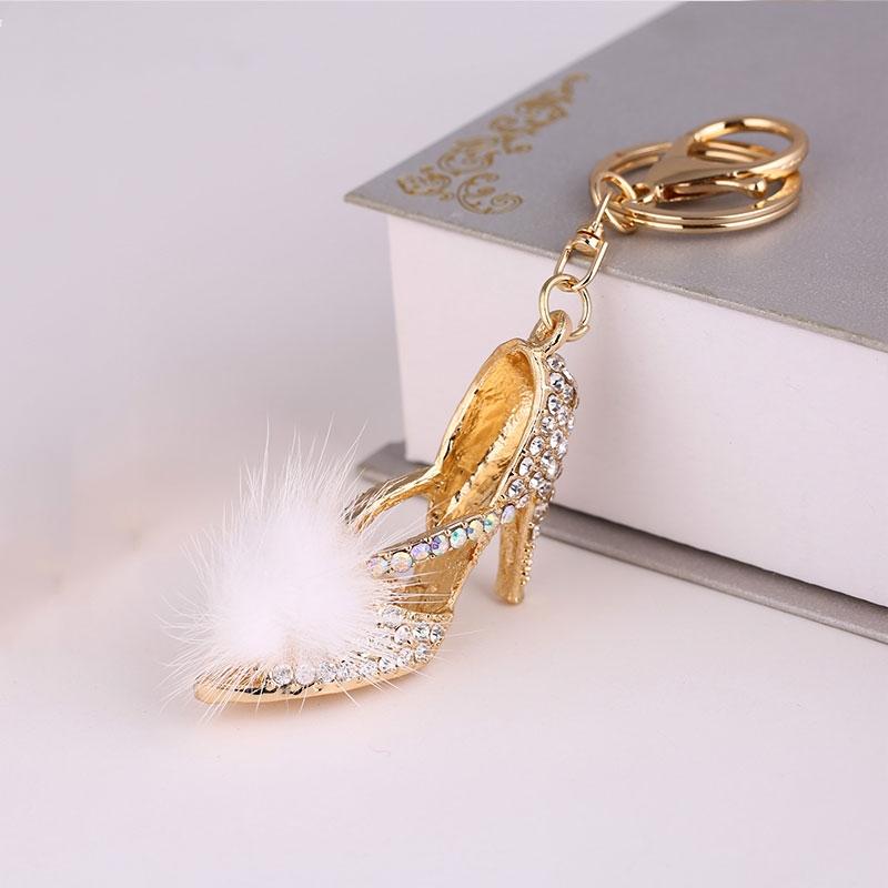 

Keychains Women Rhinestone Crystal High Heel Shoe Keychain Cute Fur Ball Purse Car Key Chain Holder Bag Decorative Alloy Keyring Gifts