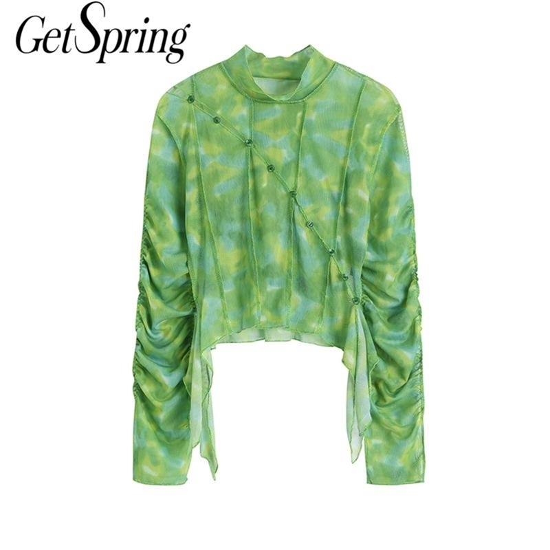 

Getspring Women T Shirt Irregular Long Sleeve Printing Asymmetry Short Perspective shirt Fashion 210601, Green