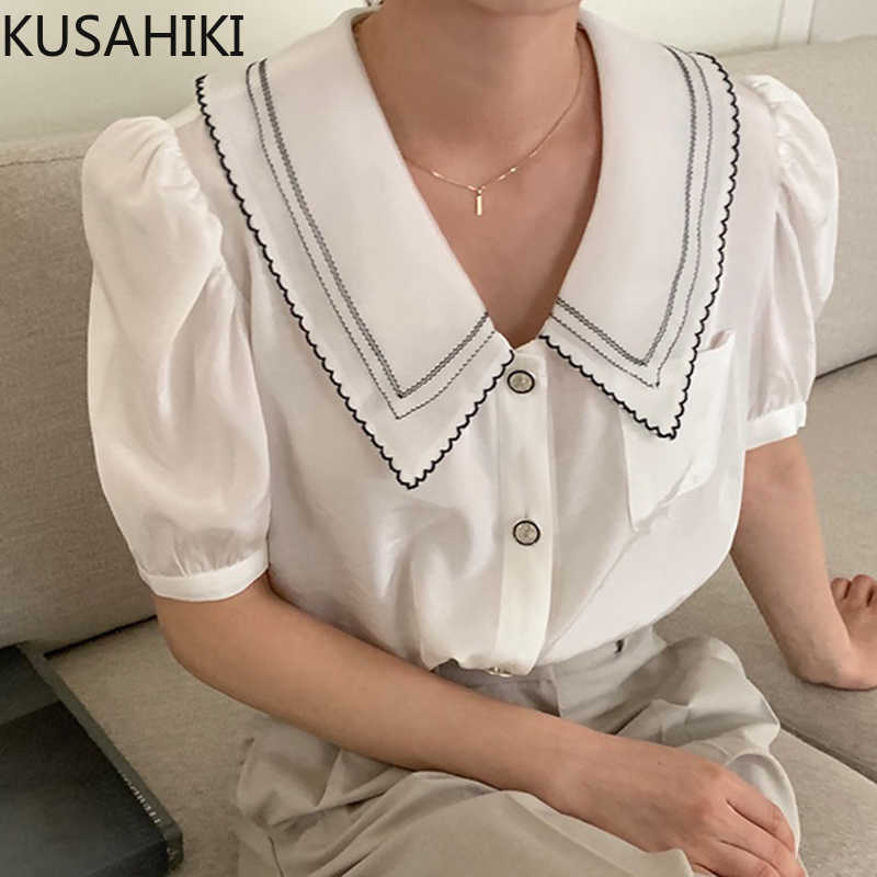 

KUSAHIKI Korea Chic Hit Color Peter Pan Collar Blouses Causal Puff Sleeve Women Tops Summer Fashion Blusas Shirt 6J177 210602, Black