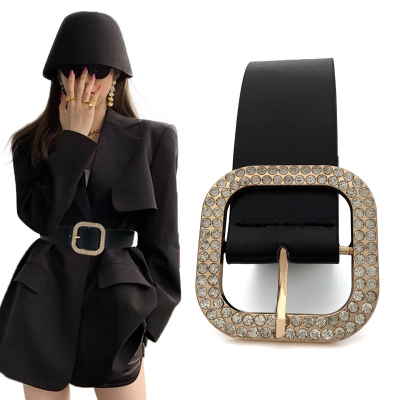 

Belts Casual Ladies PU Leather Belt Hasp 4.5cm Width For Women Designer Rhinestone Inlay Alloy Buckle Jeans Waistband, Black;brown