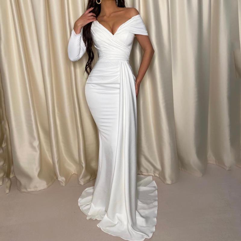 

Casual Dresses White One Sleeve Off Shoulder Long Evening Party Dress Ruched With Ribbon Floor Length Stretchy Gown