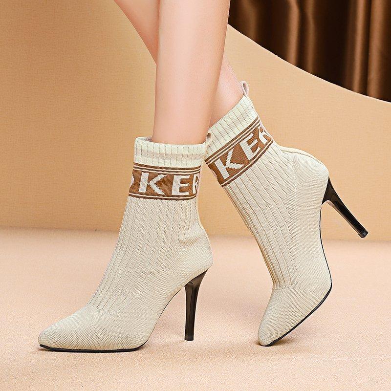 

Boots Winter Stretch Fashion Pointed High Heels Ankle Comfortable Slip-on Short Women's Sexy Knit, Beige