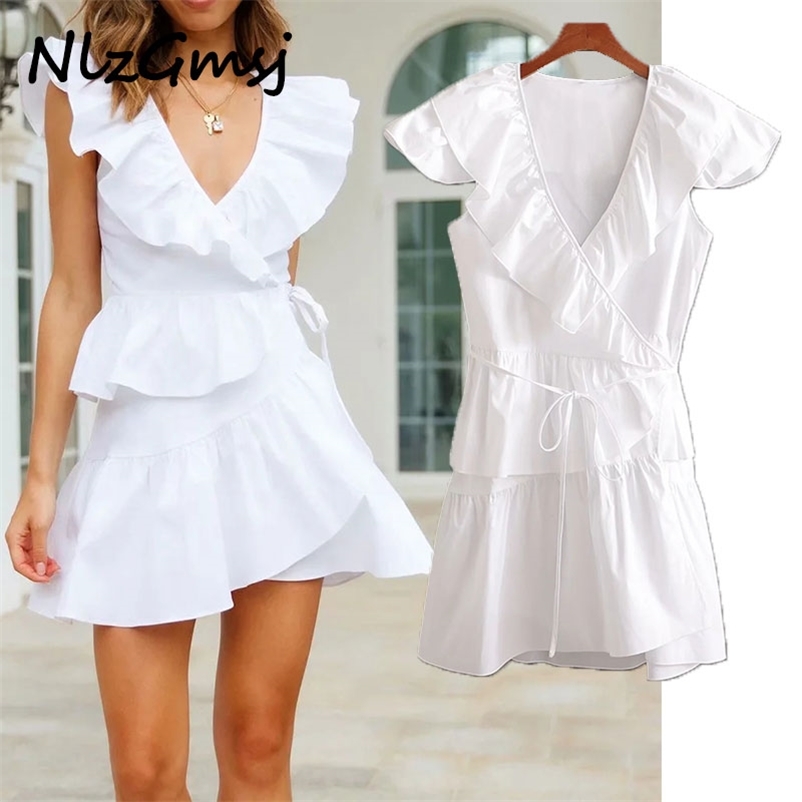 

Dres White Wrap Summer Layered Short Cotton Beach Sleeveless Sundress Vestidos 04 210628, As picture