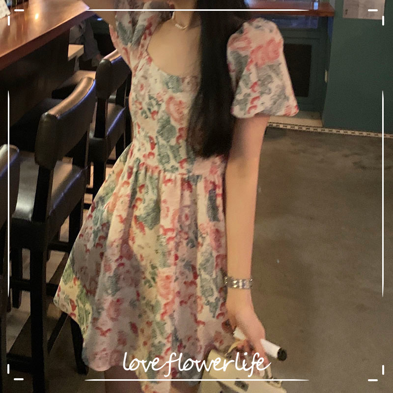 

Dress Korean Square Collar Puff Sleeve Floral Dress Women Office Lady Casual Design Elegant Vintage Dress Summer 210521, As picture