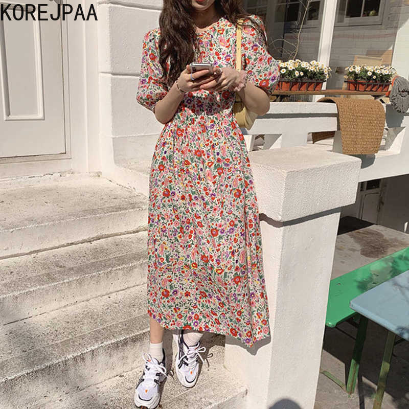 

Korejpaa Women Dress Summer Korean Chic French Retro Elegant Temperament Round Neck Full Screen Floral Puff Sleeve Vestidos 210526, Picture color