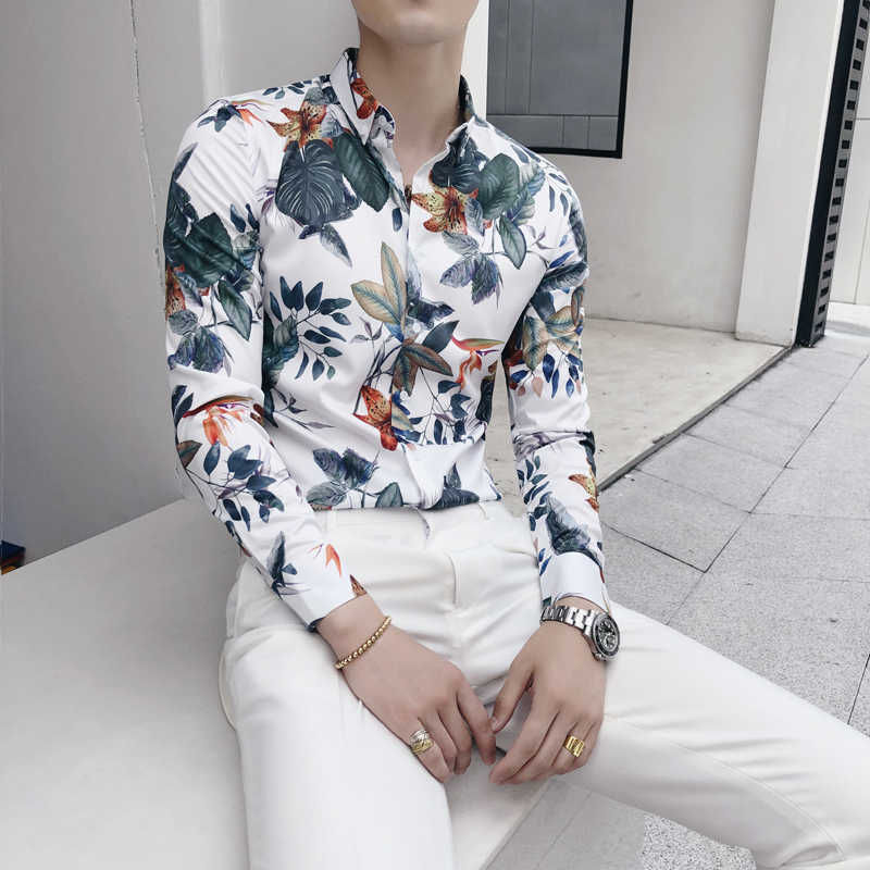 

Brand Streetwear Hawaiian Shirt Men Long Sleeve Slim Fit Mens Shirts Camisa Social Masculina Floral Print Casual Shirts 210527, White