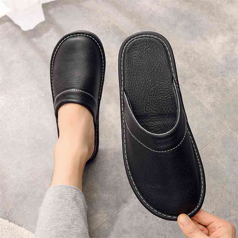 

Black Leather Slippers Men Indoor Shoes Plus Size 45 Unisex Precision Stitching Fashion Male 210607, Pink