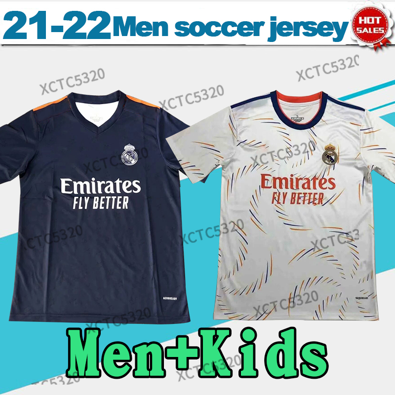 

2022 Real Madrid soccer jersey home white away blue SRERGIO RAMOS uniform BENZEMA KROOS Fans version football shirt men kids Customized, Black;yellow