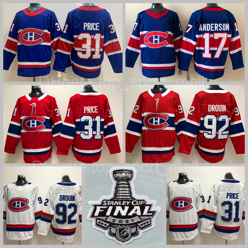 

Ice Hockey 2021 Stanley Cup Final Patch Montreal Canadiens 31 Carey Price Jersey 92 Jonathan Drouin 100th Anniversary Stitched Reverse Retro Blue White Red Men, Men red