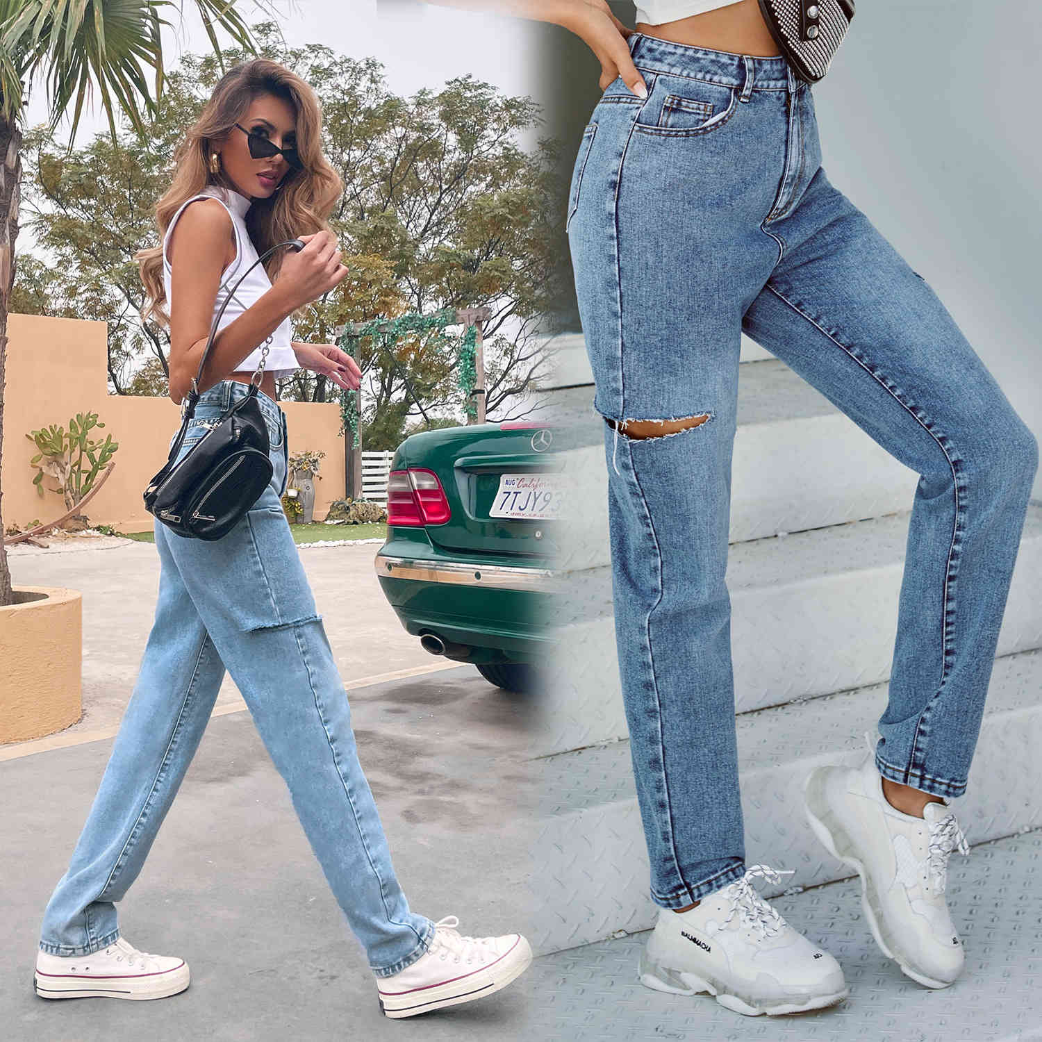 

Women's Jeans 2021 Trendy Vintage Ripped Hole Denim Pants Women Washed blue denim jeans pants Bottom ZRJL, Champagne