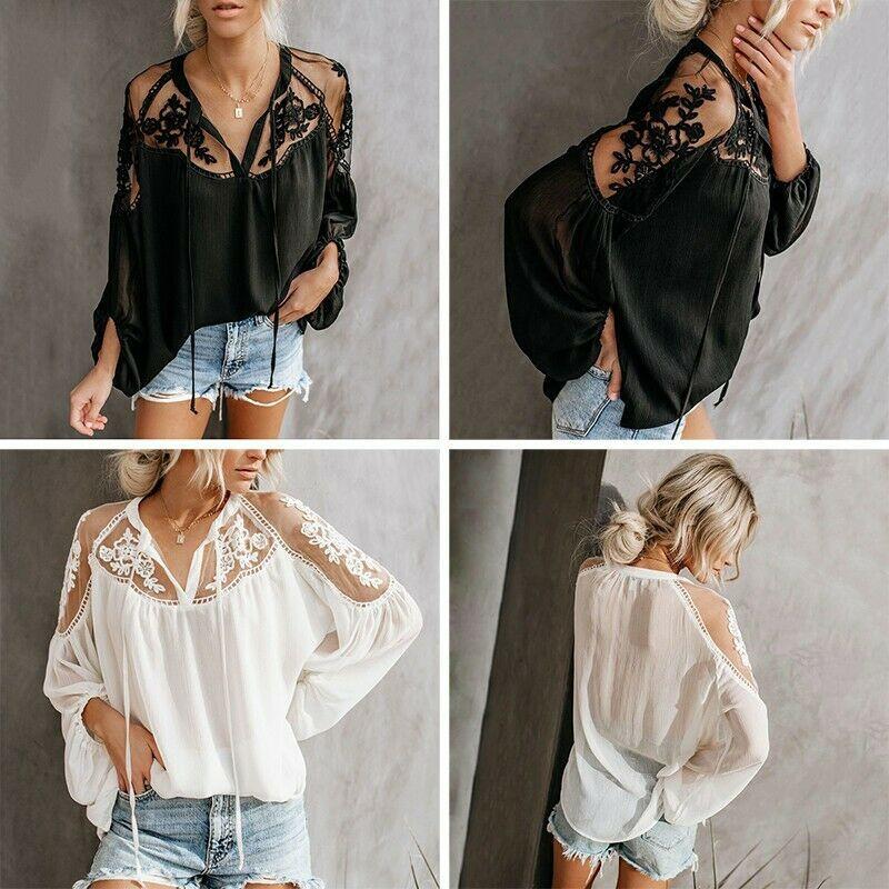 

Women's Blouses & Shirts Fashion Womens Clothes Casual Chiffon Summer Perspective Lace Blouse Long Sleeve Tops, White