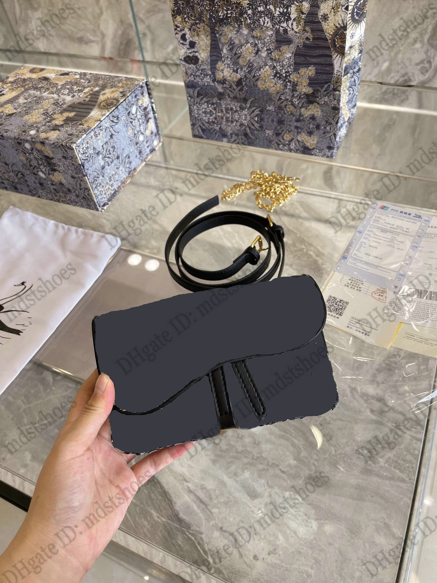 

Classic Saddle Belt Pouch WOC Chain Bag Embroidery Blue Oblique Jacquard Crossbody Womens Designer Mini Flap Wallet On Chain