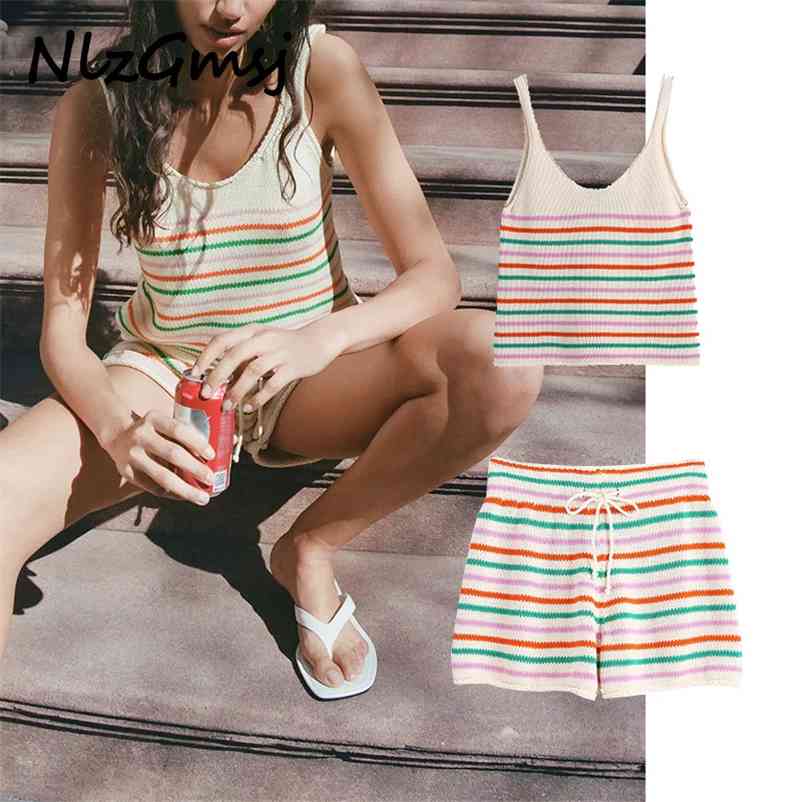 

Set Striped Print Knit Vest+ High Waist Shorts Sexy Spring Summer 2 Pieces 04 210628, As picture