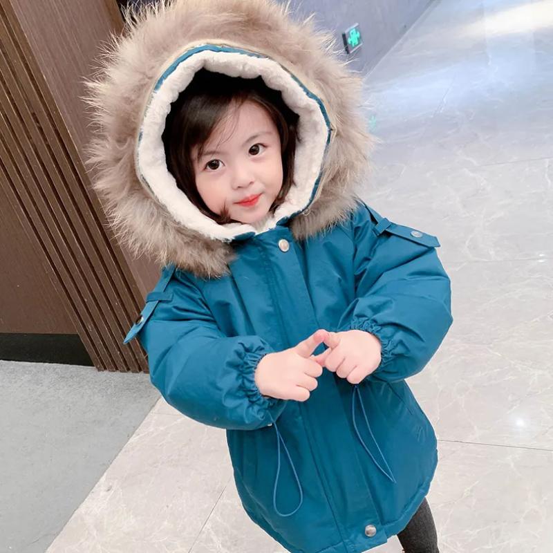 

Down Coat Baby Kid Girl Boy Fur Hooded Jacket Thick Fleece Inside Child Windbreaker Parkas Winter Warm Outwear Clothes Snowsuit, Blue;gray