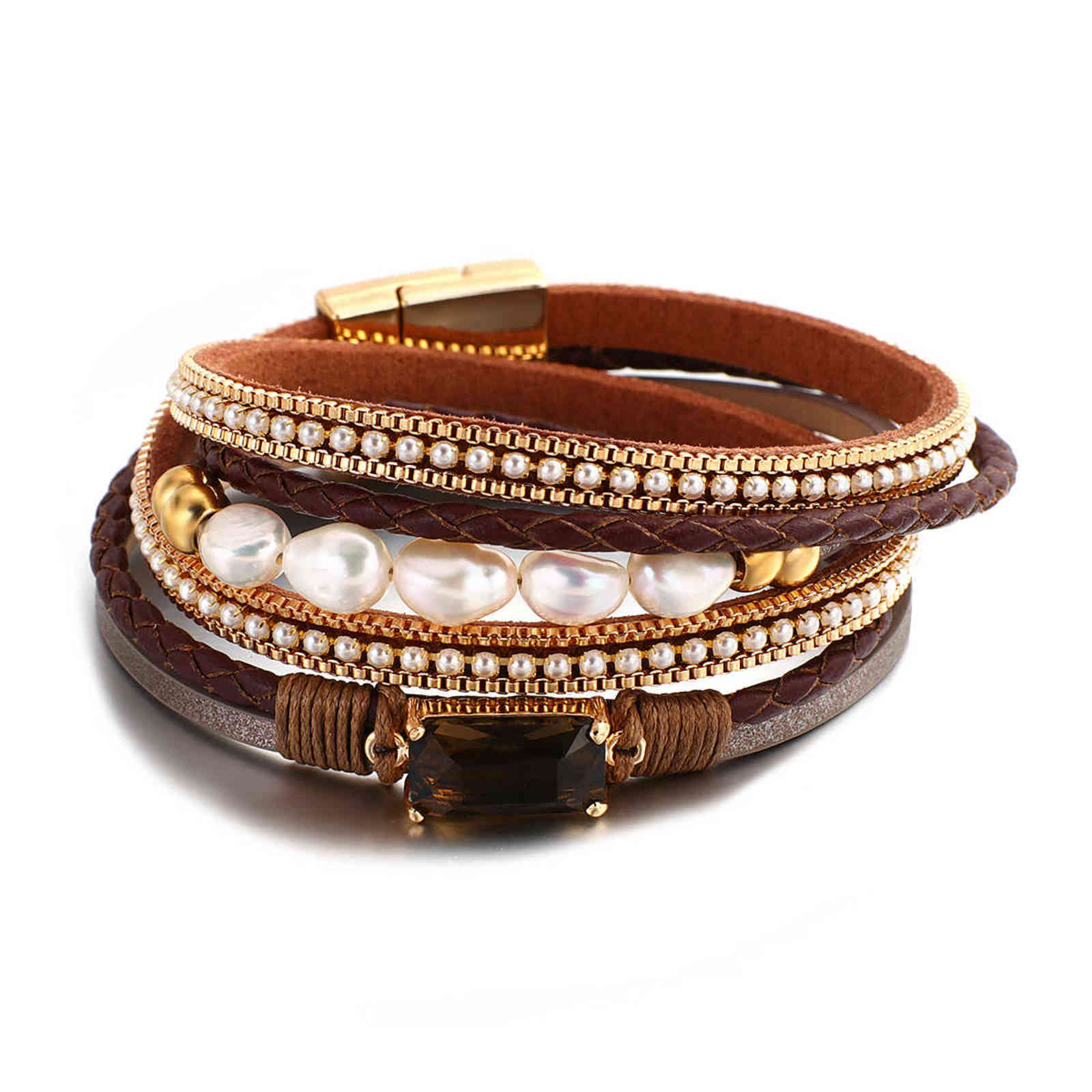 

Amorcome Fashion Pu Braided Leather Bracelets Women Men Pearls Double Layer Wrapped Magnetic Clasps Charm Bracelet Femme Gift