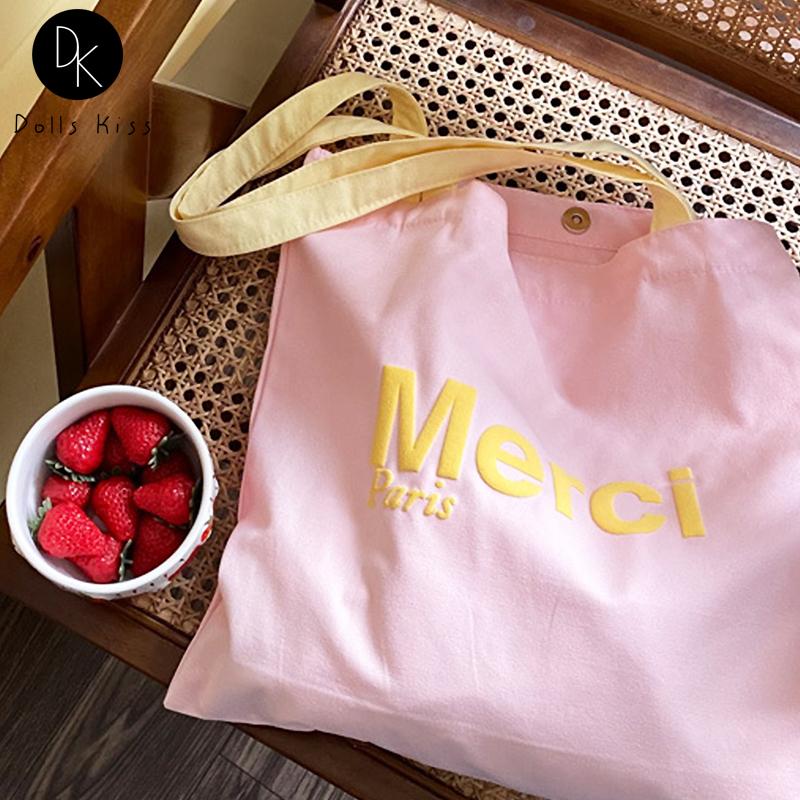 

Evening Bags Ladies Shopping Totes Women Fresh Pink Hit Color Merci Printed Shoulder Bag Female Eco-friendly Grocery Girls Casual