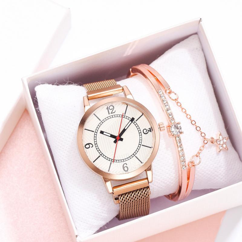 

Fashion Bracelet Women Watch 2pcs Set Simple Ladies Female Clock Luxury Magnet Buckle Rose Gold Watches Wristwatches, Bronze