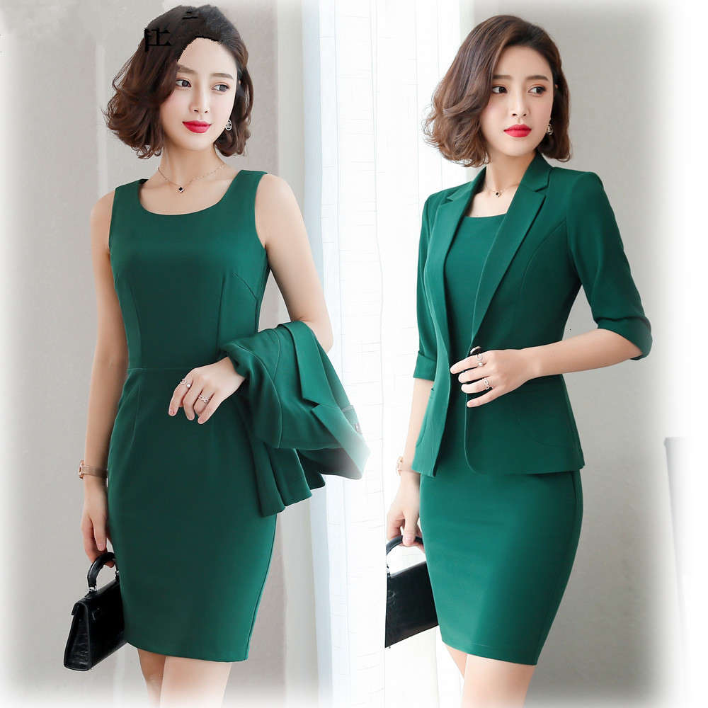 

Ladies Office Wear Dress Suits 3/4 Sleeve Slim Blazer+Sleeveless Dress 2 Piece Set Vestido Formal Mujer Ladies Suit 8092, White;black
