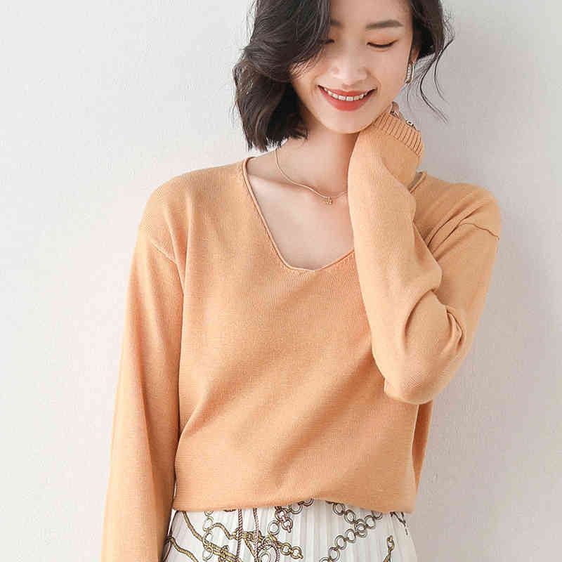 

Women Knitting Sweater Long Sleeves V-neck Collar Female Casual Solid Fashion Thin Pullover Ladies Autumn Winter Jumper Sweaters 210521