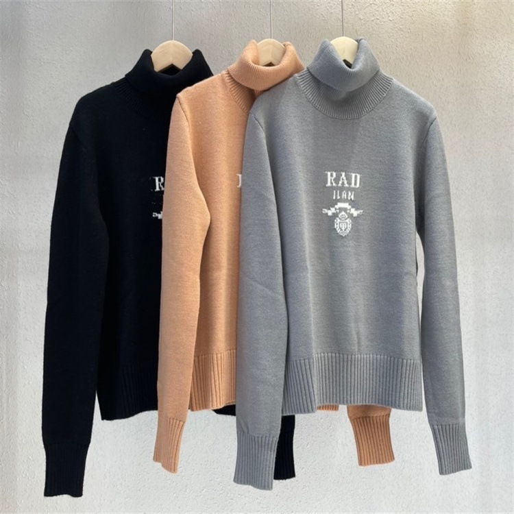 

2021 Autumn Black/Gray/Camel Sweater 100% Wool Women' Sweaters Designer Turtleneck Letter Jacquard Pullover Women 101009