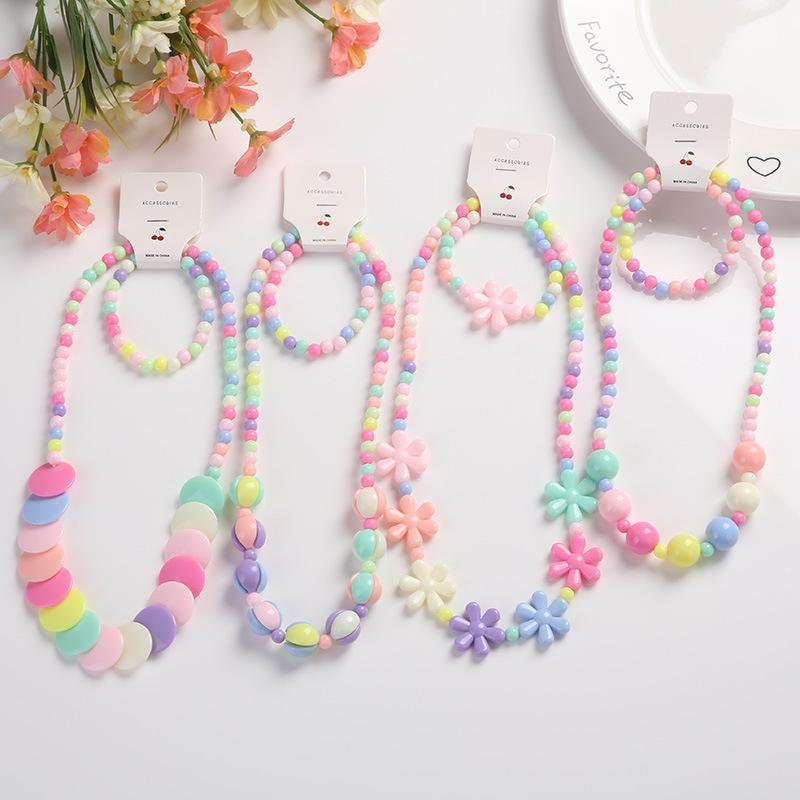 

Earrings & Necklace Cute Cartoon Candy Color Acrylic Beads Bracelet Set For Children Toy Jewelry Girl Boy Gifts, Silver