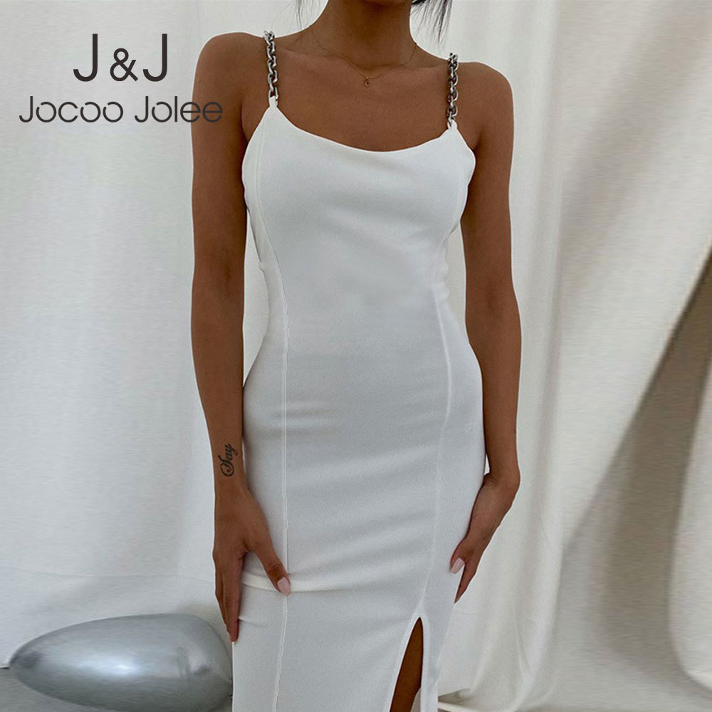 

Jocoo Jolee U-Neck Chain Split Off Shoulder Backless Women Skinny Summer Sexy Basic Elegant Dress Solid Casual Party Club 210518, Apricot