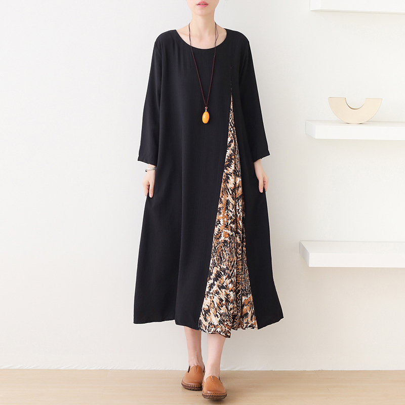 

Johnature Women Vintage Patchwork Color Dresses O-Neck Long Sleeve Autumn Black Original Female Loose Dresses 210521