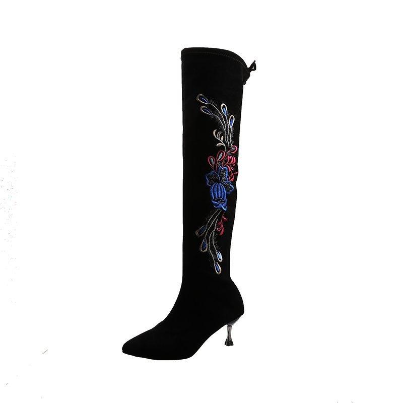 

Boots Black Over The Knee High Heels Women Long Boot Pointed Toe Fashion Stretch Fabric Sock Embroidery Ladies