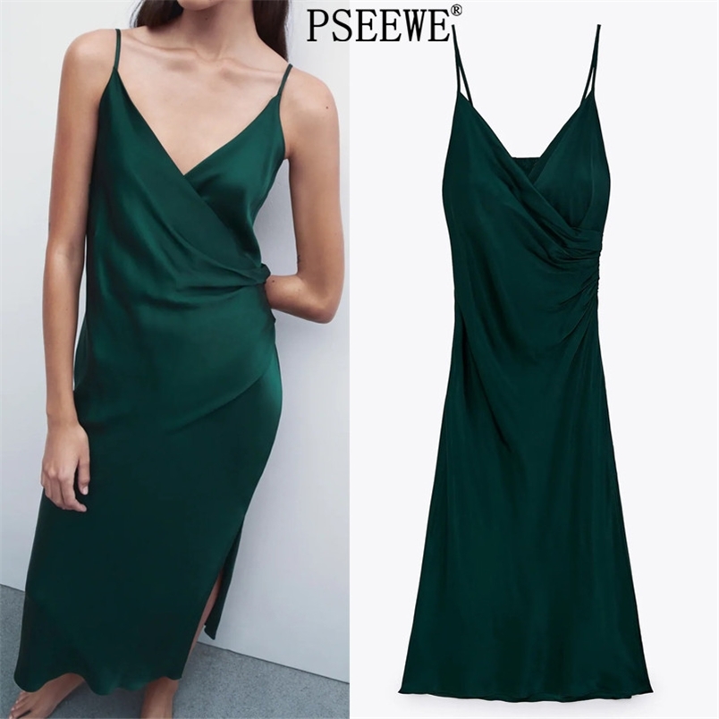 

Green Camisole Satin Dress Women Summer Backless Wrap Slip Midi Woman Sexy Side Slit Vintage Ladies es 210519