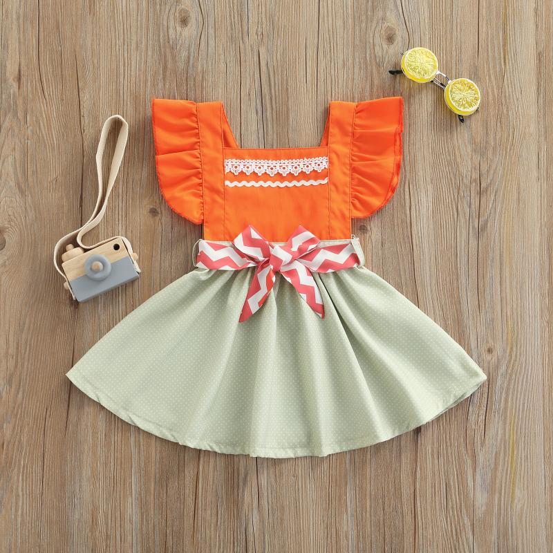 

Girl's Dresses Toddler Girls Summer Dress Kid Girl Fashion Dots Patchwork Square-Neck Ruffle Flying Sleeve With Belt, Red;yellow