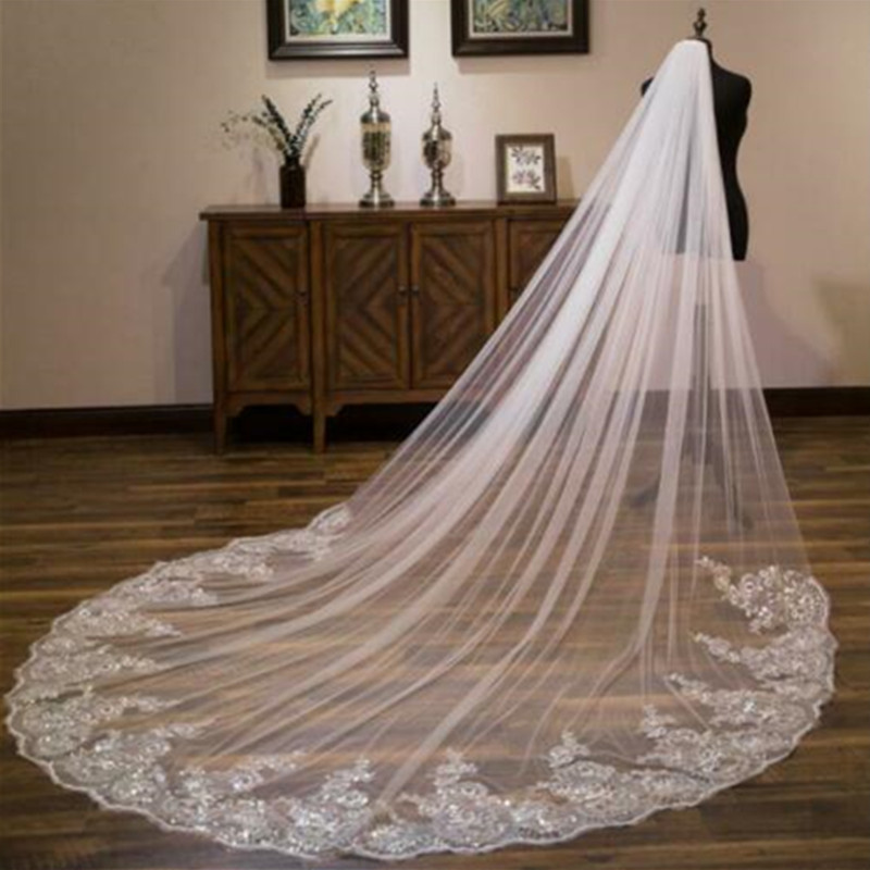 

Shining 3M Cathedral Wedding Veils Lace Applique Trim Soft Tulle One Layer Long Sequined Bridal Veil With Comb, White