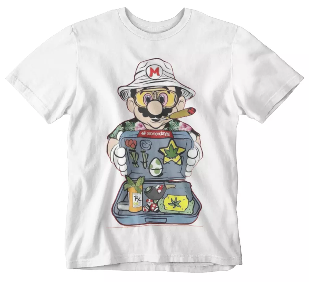 

Mario T-Shirt Smoke Gamer Retro Player One Plumber Stoner Weed Festival Rave, White;black