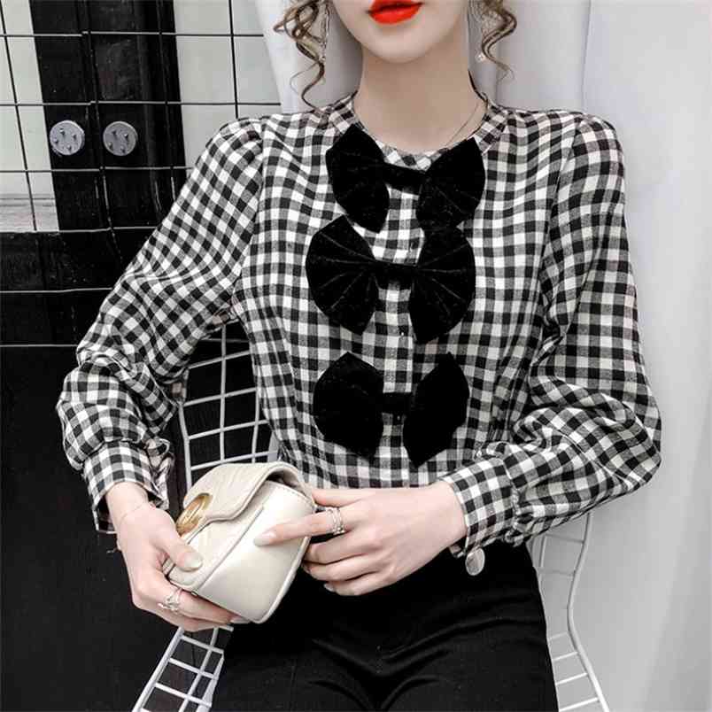

Spring Retro Elegant Bowknot Plaid Blouse Women' Long Sleeve Short Shirt Female Clothes Blusas 210519, Photo color
