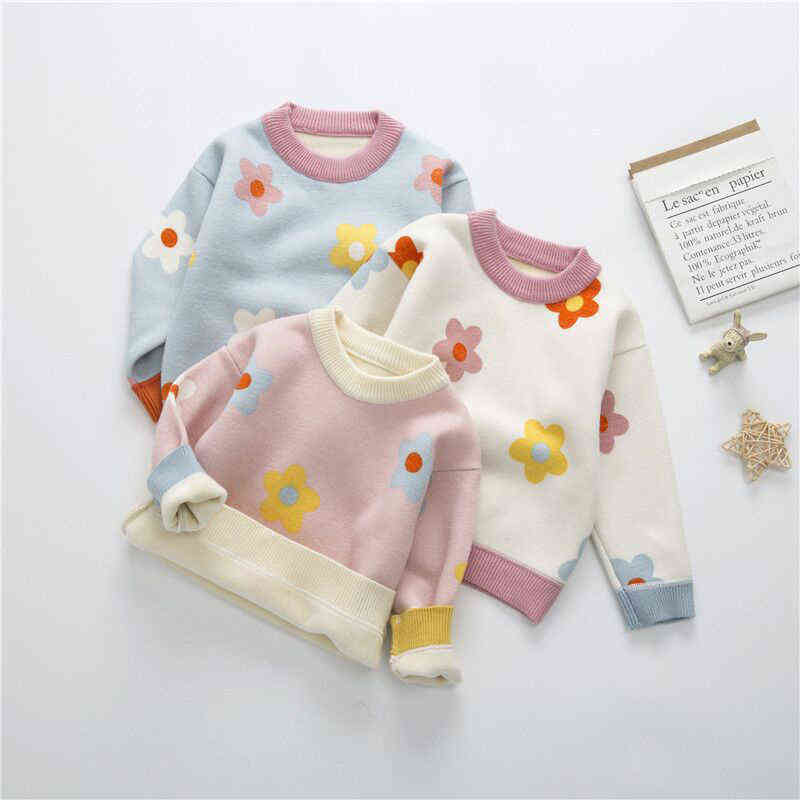 

Autumn And Winter Children's Plush Sweater Girl Baby Daisy Thickened Pullover knitted Bottom Sweater Y0925, Blue