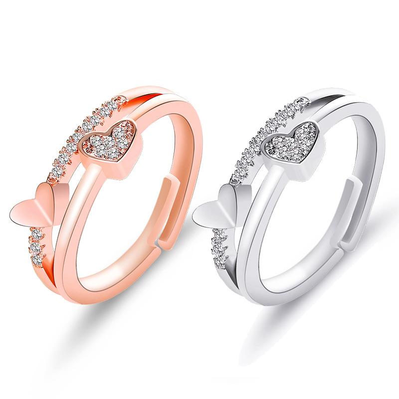 

Cluster Rings Fashion Double Heart Crystal Ring Drop Women's Couple Adjustable Gift Girl Statement Wedding Jewelry