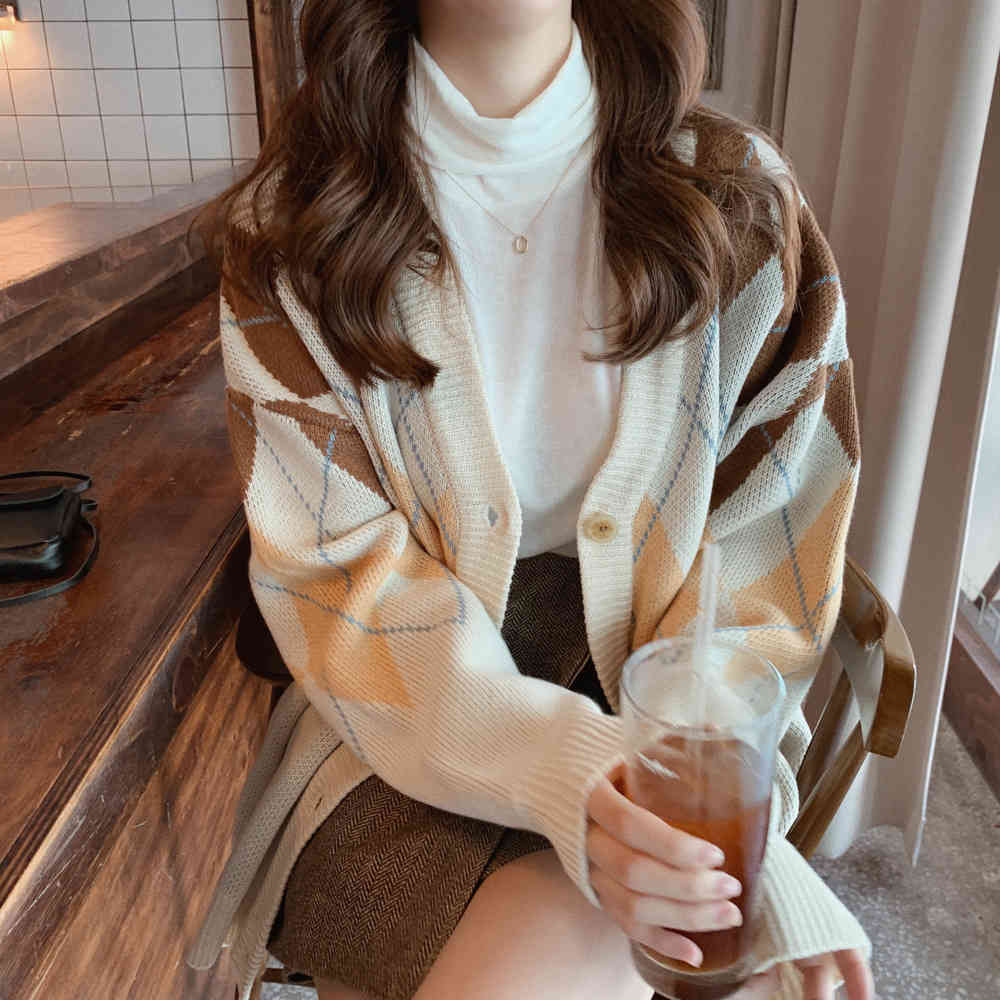 Oversize Women's Sweaters Autumn Winter fashion Vintage Plaid V-Neck Cardigans Single Breasted Puff Sleeve Loose Cardigan 210417Z