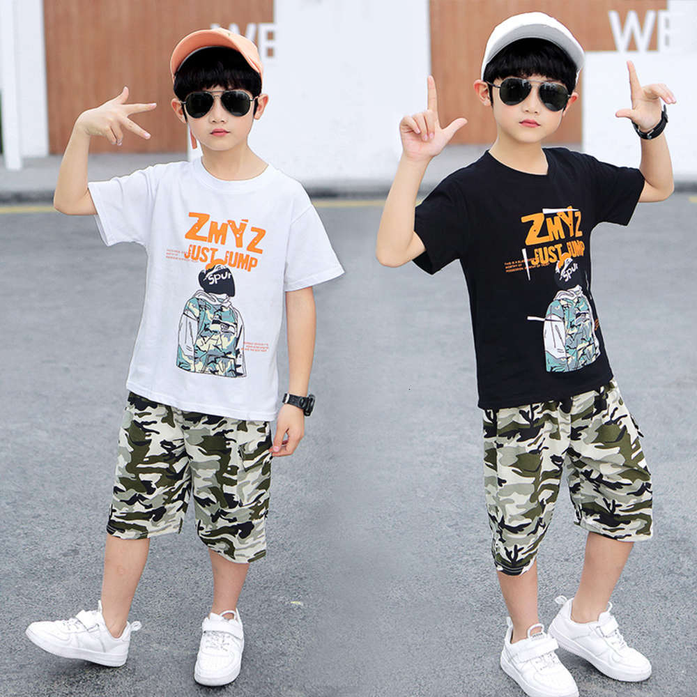 

short sleeve children's cotton boy's suit Korean two piece summer camouflage, White