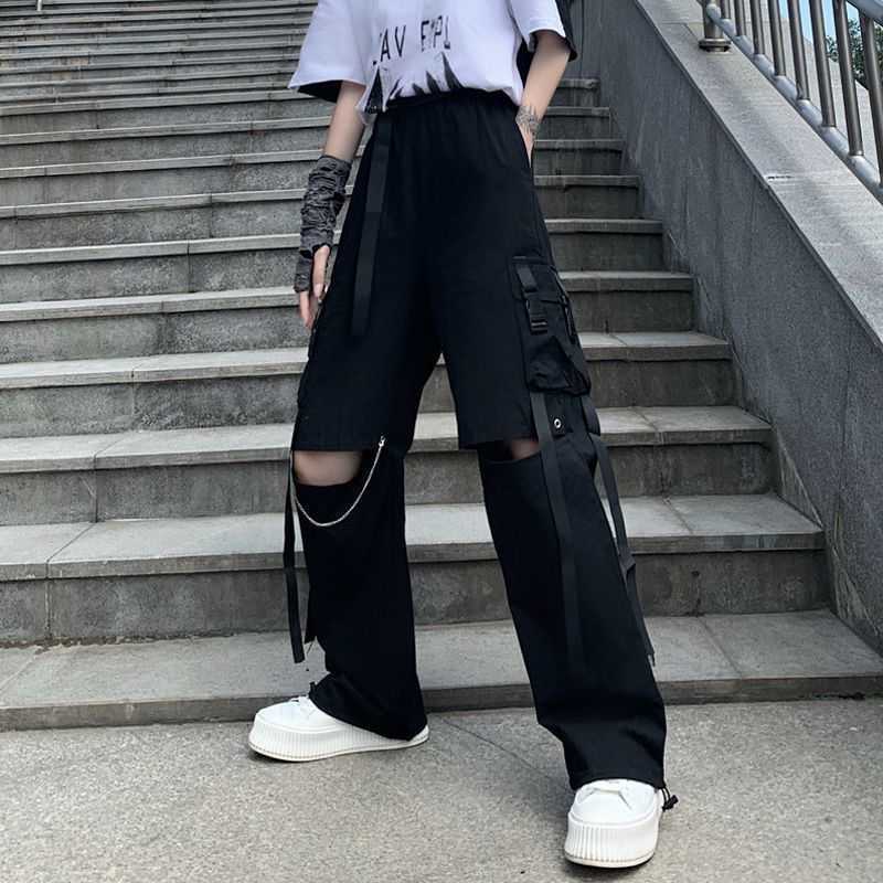 

Casual pants women's summer high waist ripped cargo trousers loose handsome BF style beam feet straight wide leg bottoms trendy 210526, 9717