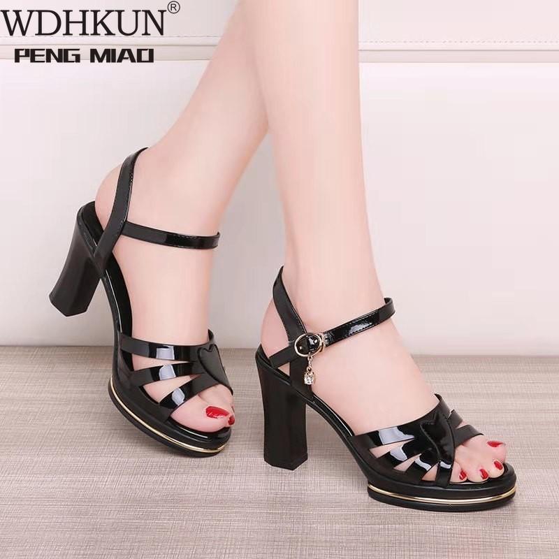 

Thick Heel Sandals Women's Summer Fish Mouth Shoes Rhinestone High Heels Black Mother Women