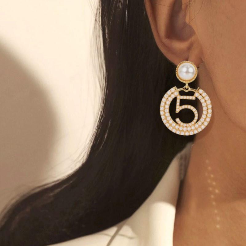 Dangle Lustre Mode Haute Qualité Femmes Perle Boucle D'oreille Bijoux Simple Numéro 5 Grand Cercle Or Boucles D'oreilles Femme Tendance Cadeau