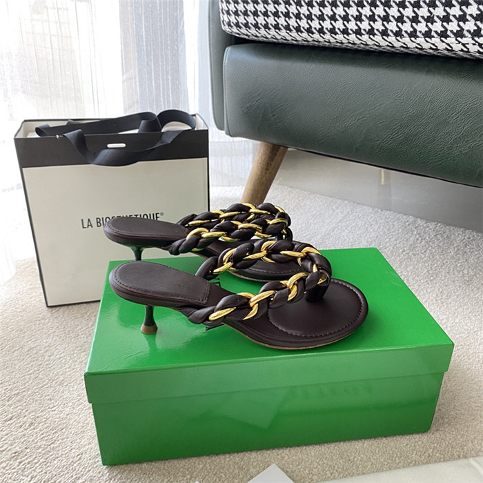 

2021 ins real leather middle heel heeled slipper summer flip flop shoes full logo package drop ship B2880, Coffee