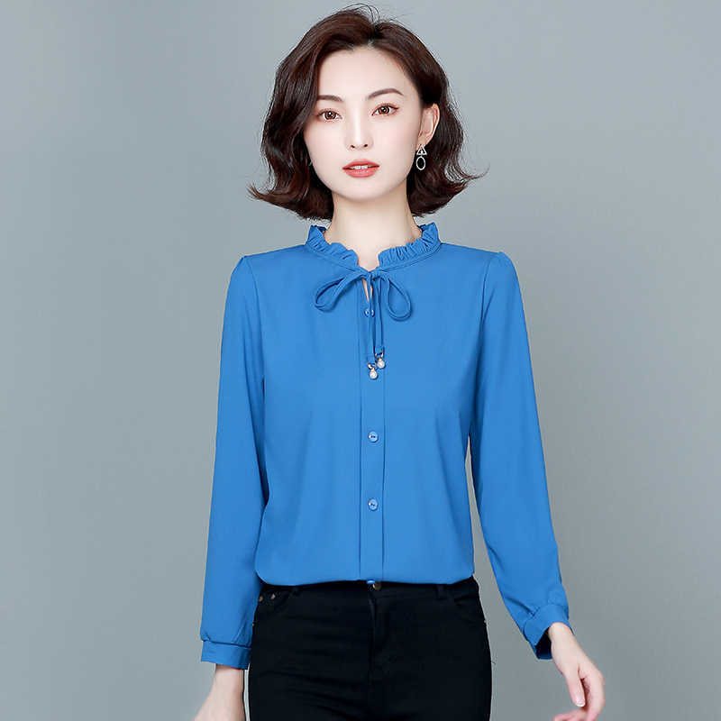 

Korean Women Blouses Long Sleeve Shirts Woman Chiffon Tops Plus Size Bow Tie Ladies Pink Shirt 210604, Blue