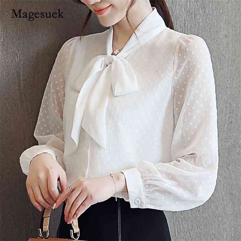 

Autumn Elegant Solid Chiffon Women's Blouse Long Sleeve Bow Tie Cardigan Slim Fit Ladies Shirt Blusas Mujer De Moda 10703 210518, White
