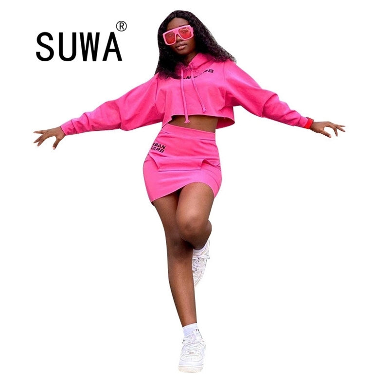 

Cool Girl Matching Sets For Women Two Piece Outfits Long Sleeve Pullover Hoodies Sweatshirt Bodycon Mini Skirts Sexy Club Dress 210525, Fuchsia