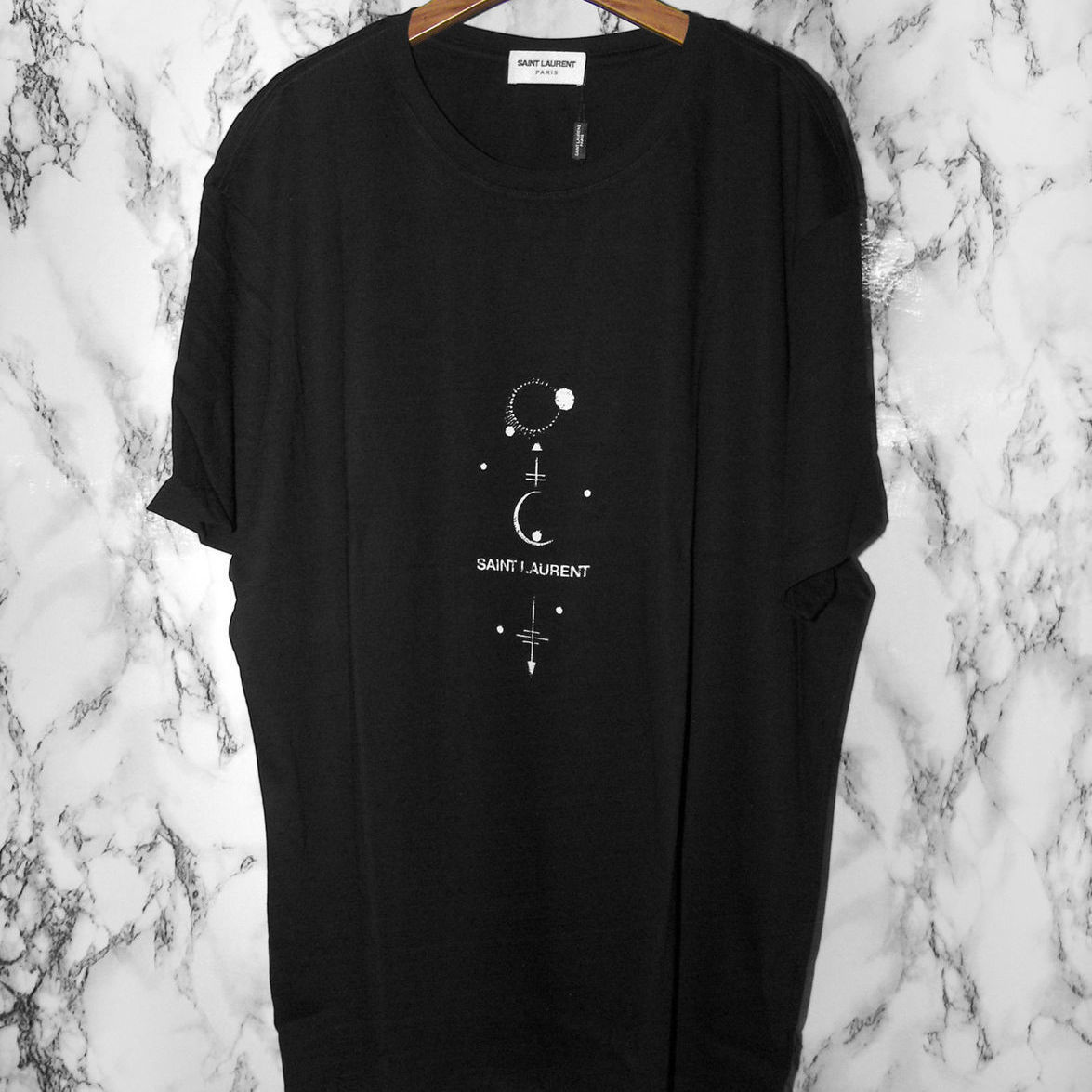 

Sun print SLP crew neck short sleeve couple T-shirt, White;black