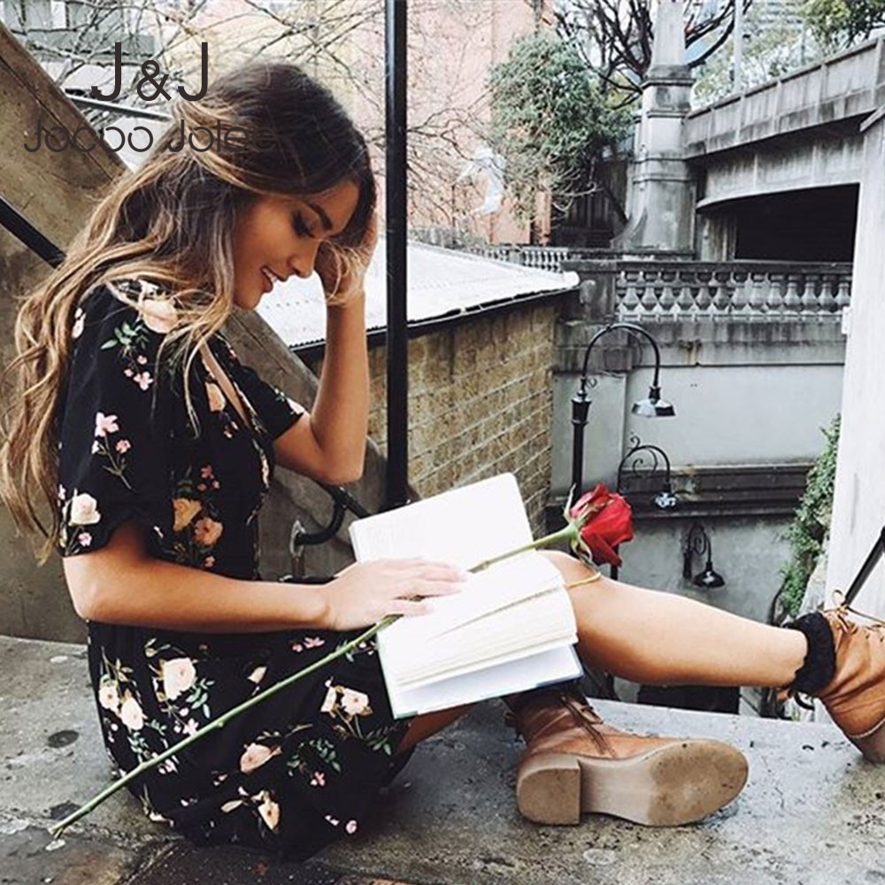 

Jocoo Jolee Summer Boho Floral Dress Elegant Short Sleeve Deep V Neck Mini Dress Evening Party A-Line Vintage Dress Vestido 210518, Black