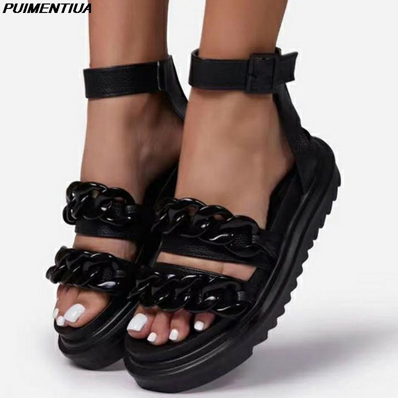 

Sandals Women Flip Flops Shoes 2021 Summer Fashion Flat Platform Lottie Chain Detail Chunky Sole Casual Gladiator Buckle, D-2