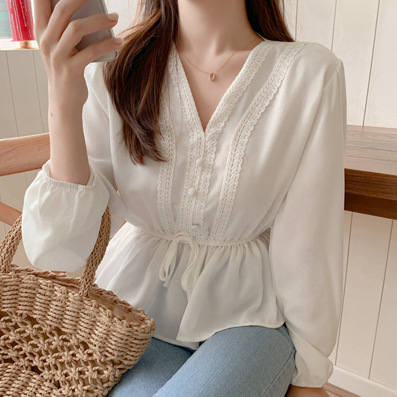 

shintimes V-Neck White Blouse Sashes Casual Woman Clothes 2021 Fall Lace Long Sleeve Shirt Women Blouses Shirts Chemisier Femme, Black blouse